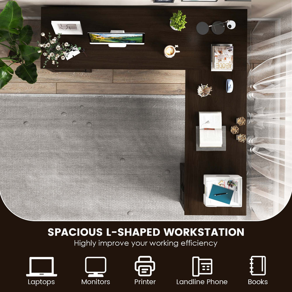 Costway L-Shaped Corner Computer Desk Writing Table Study Workstation w/ Drawers Coffee