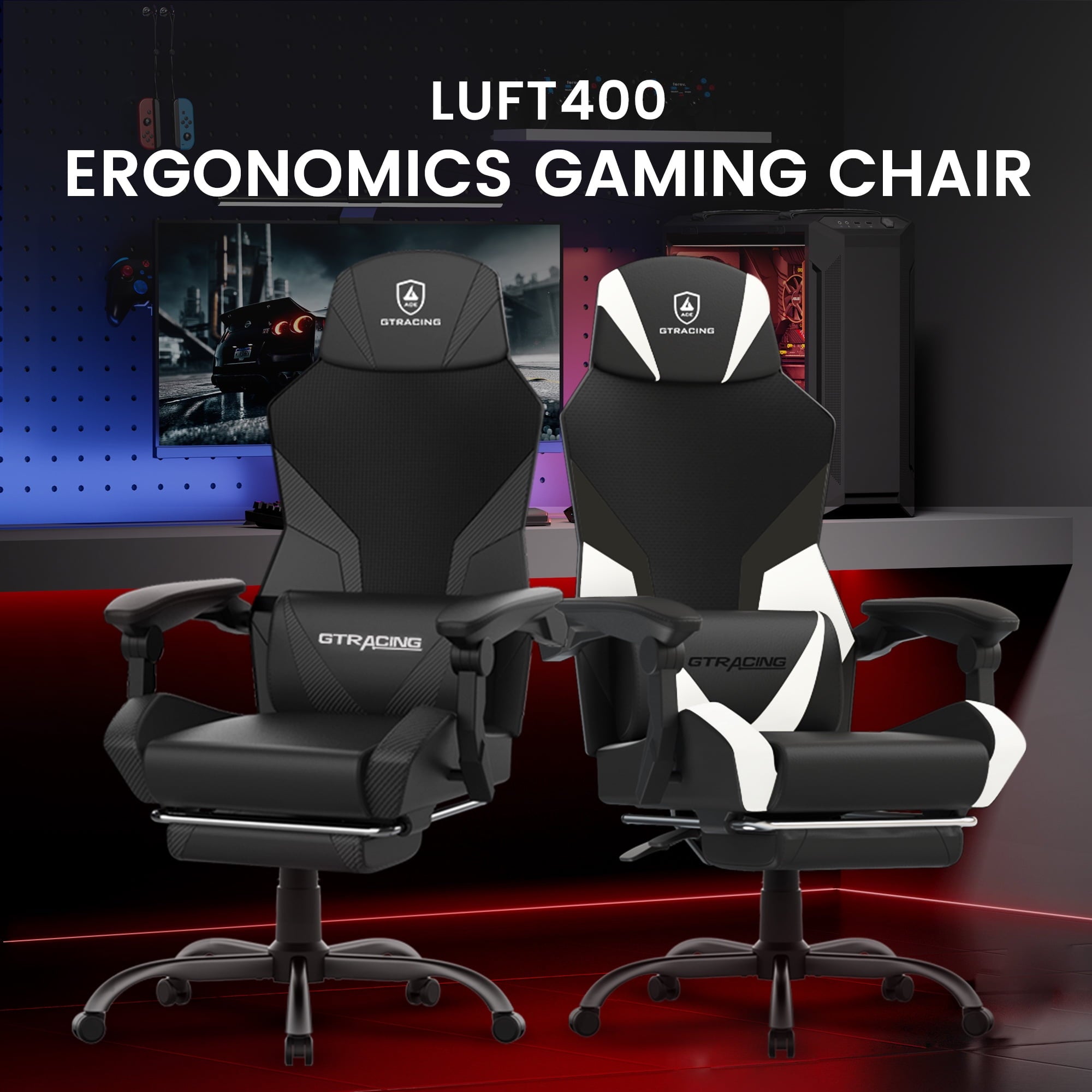 GTRACING LUFT-400 Mesh & Faux Leather Office Gaming Chair with Footrest, Black