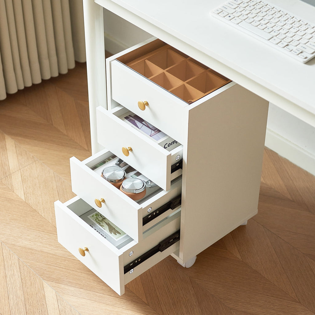 Cyehnenx Under Desk Storage, Chest of 4 Drawers Under the Desk, Home Office Storage Cabinet with Glass Top, Small Mobile Printer Stand with Lockable Wheels for Home Office Study, White