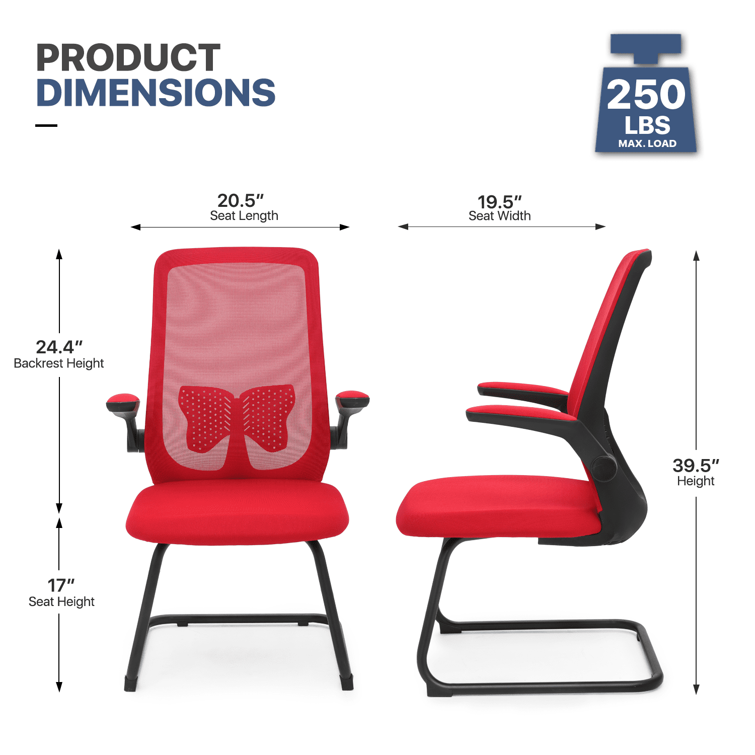 MoNiBloom Set of 2 Ergonomic Office Chair, Mesh Reception Seat with Lumbar Support & Flip-Up Arms for Waiting Room, Red