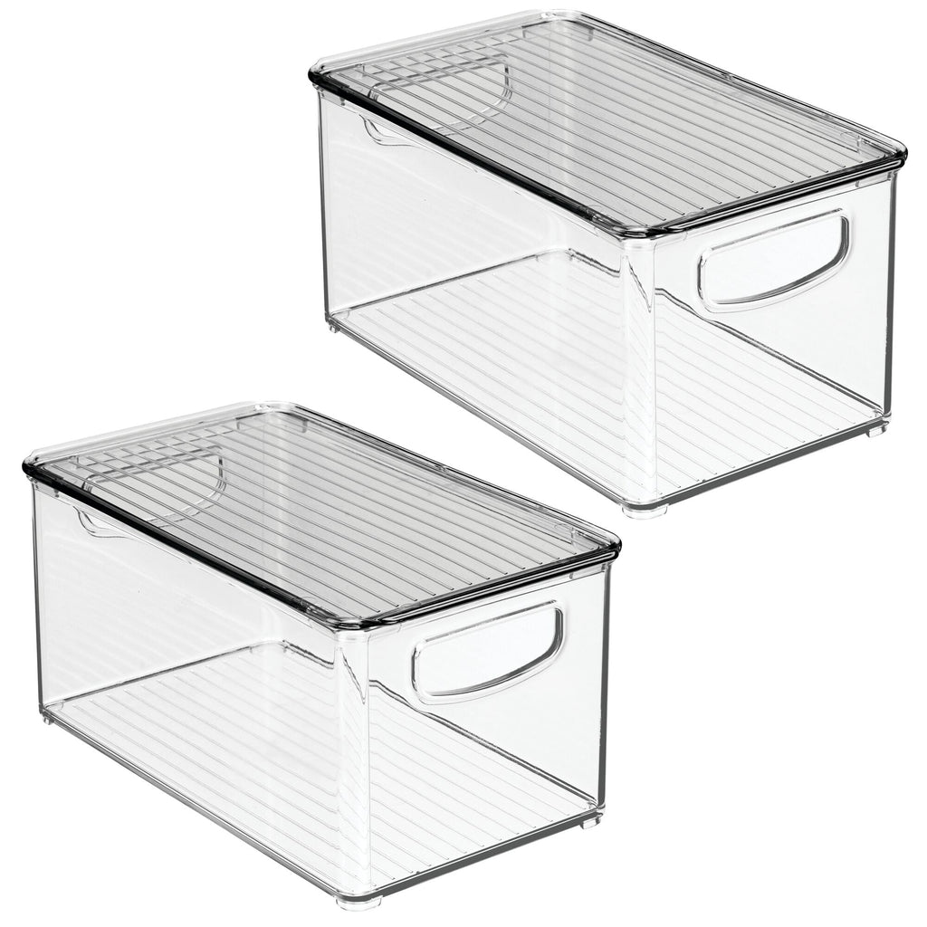 mDesign Plastic Office Storage Bin Box with Lid and Handles, 2 Pack, Clear/Gray