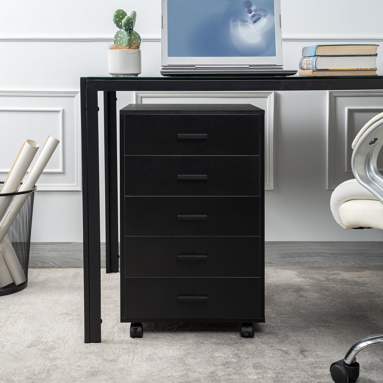 Naomi Home 5-Drawer Rolling File Cabinet with Lockable Casters, Black