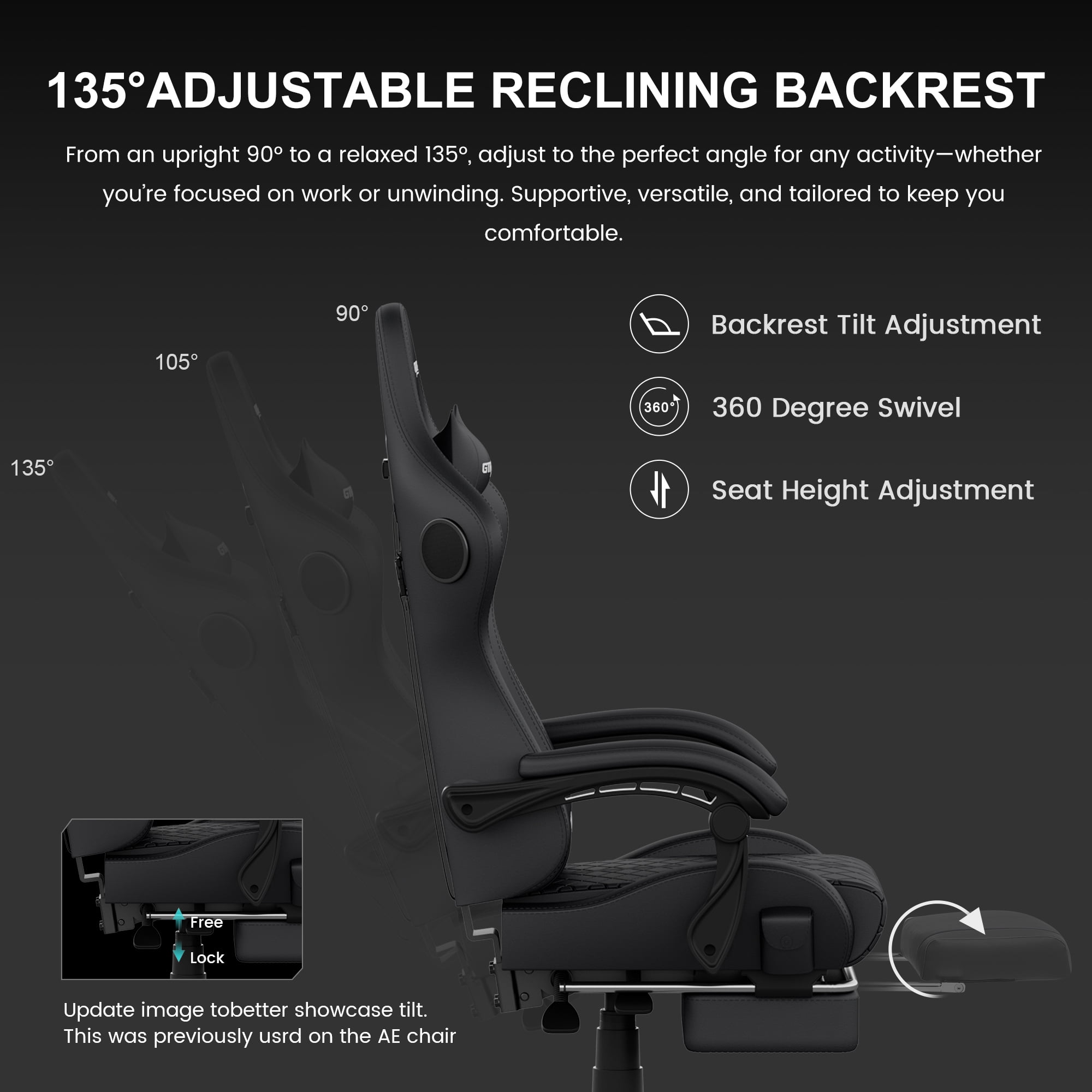 GTRACING GTW-100 Reclining Gaming Chair with Bluetooth, Adjustable Pillows and Footrest, Black