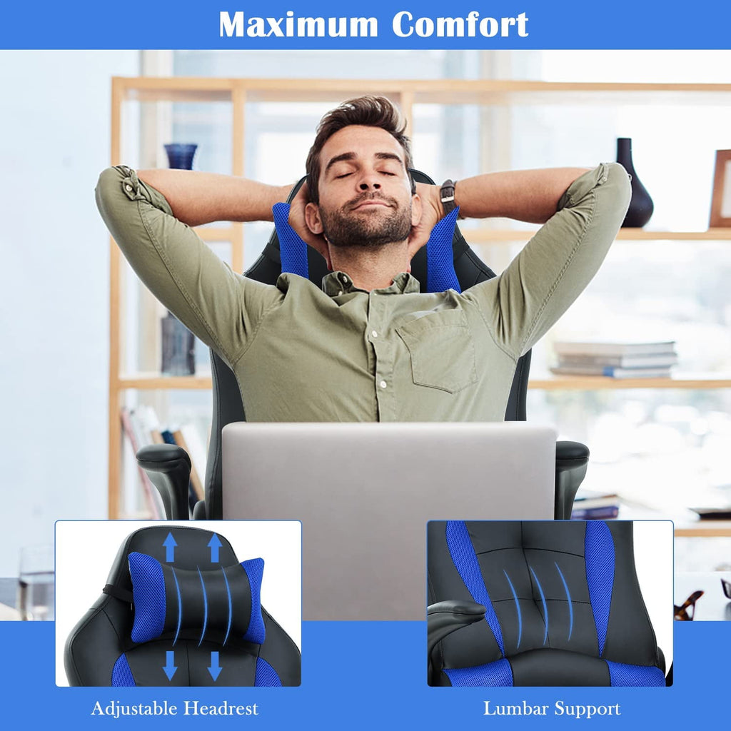 Blue Gaming Chair,  Gaming Chairs for Adults, Comfy Office Chair Ergonomic Desk Chair Computer Chair with Flip Up Arms, Swivel Reclining Gamer Chair, Height & Backrest Adjustable, 300 Lbs