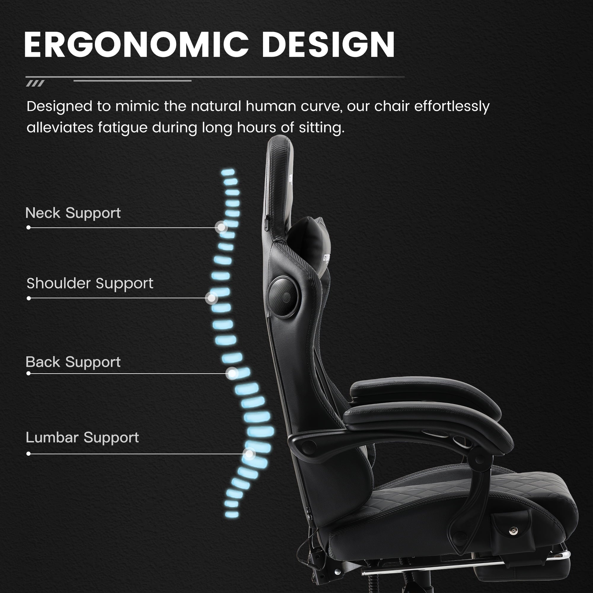 GTRACING GTW-100 Reclining Gaming Chair with Bluetooth, Adjustable Pillows and Footrest, Black
