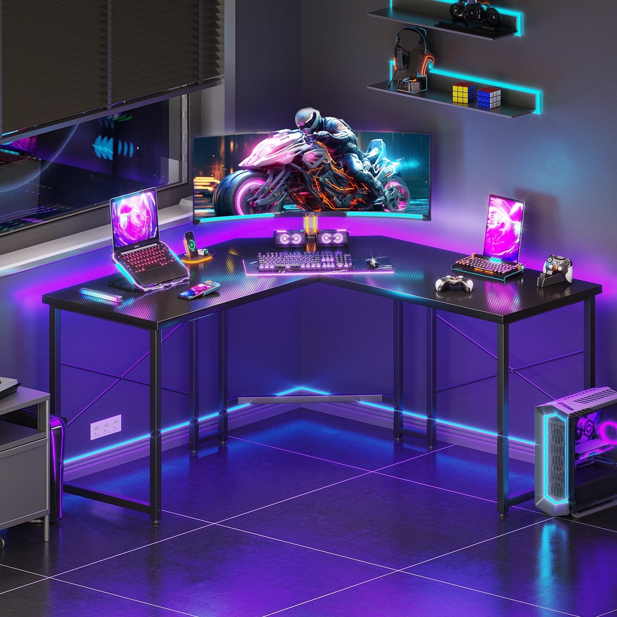 Casacomoda Computer Desk L Shaped, 51” Reversible L Shaped Computer Desk with Monitor Stand, Home Office Desk, Carbon Fiber Black