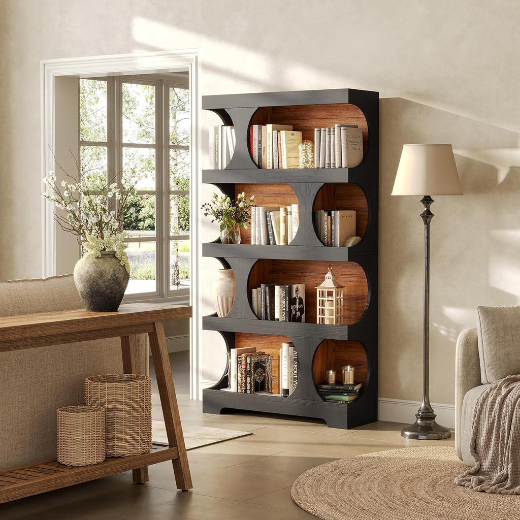 LITTLE TREE 4-Tier Large Bookshelf, 70.8-Inch Tall Bookcase with Storage Shelves, All Wooden Modern Display Rack, Black Open Book Shelf for Living Room, Bedroom, Office