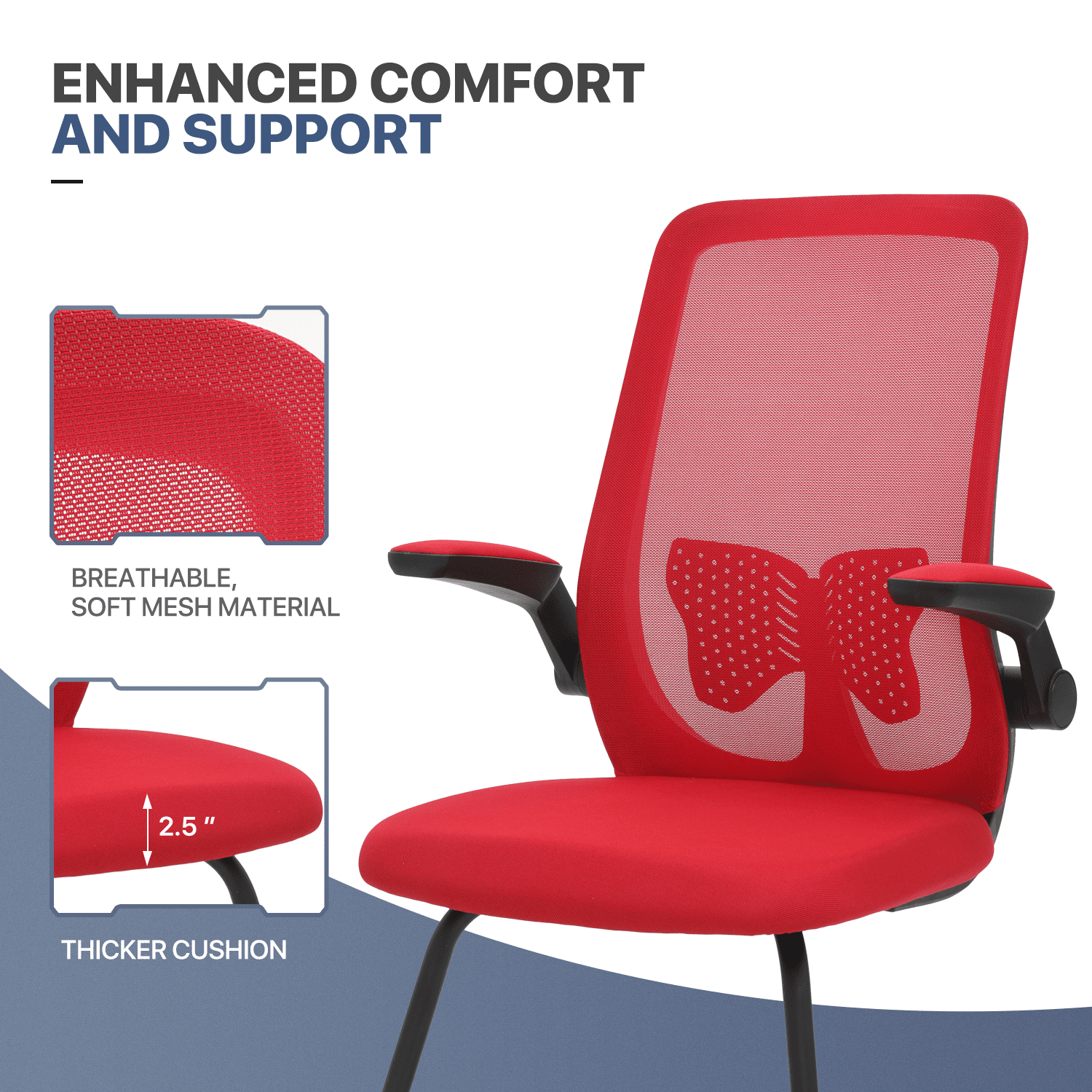 MoNiBloom Set of 2 Ergonomic Office Chair, Mesh Reception Seat with Lumbar Support & Flip-Up Arms for Waiting Room, Red