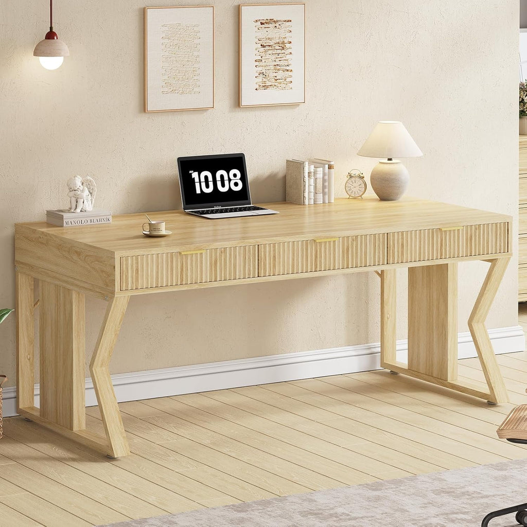 55" Modern Office Desk with 3 Drawers, Executive Computer Desk with Storage for Home Office, Large Workstation, Writing Desk Study Table Vanity Table for Bedroom, Sturdy and Durable, Natural Oak