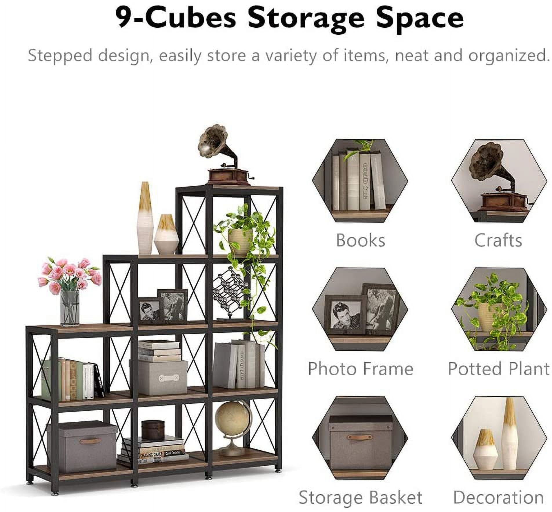 12 Shelves Bookshelf, Industrial Ladder Corner Bookshelf 9 Cubes Stepped Etagere Bookcase, Rustic 5-Tier Display Shelf Storage Organizer for Home Office