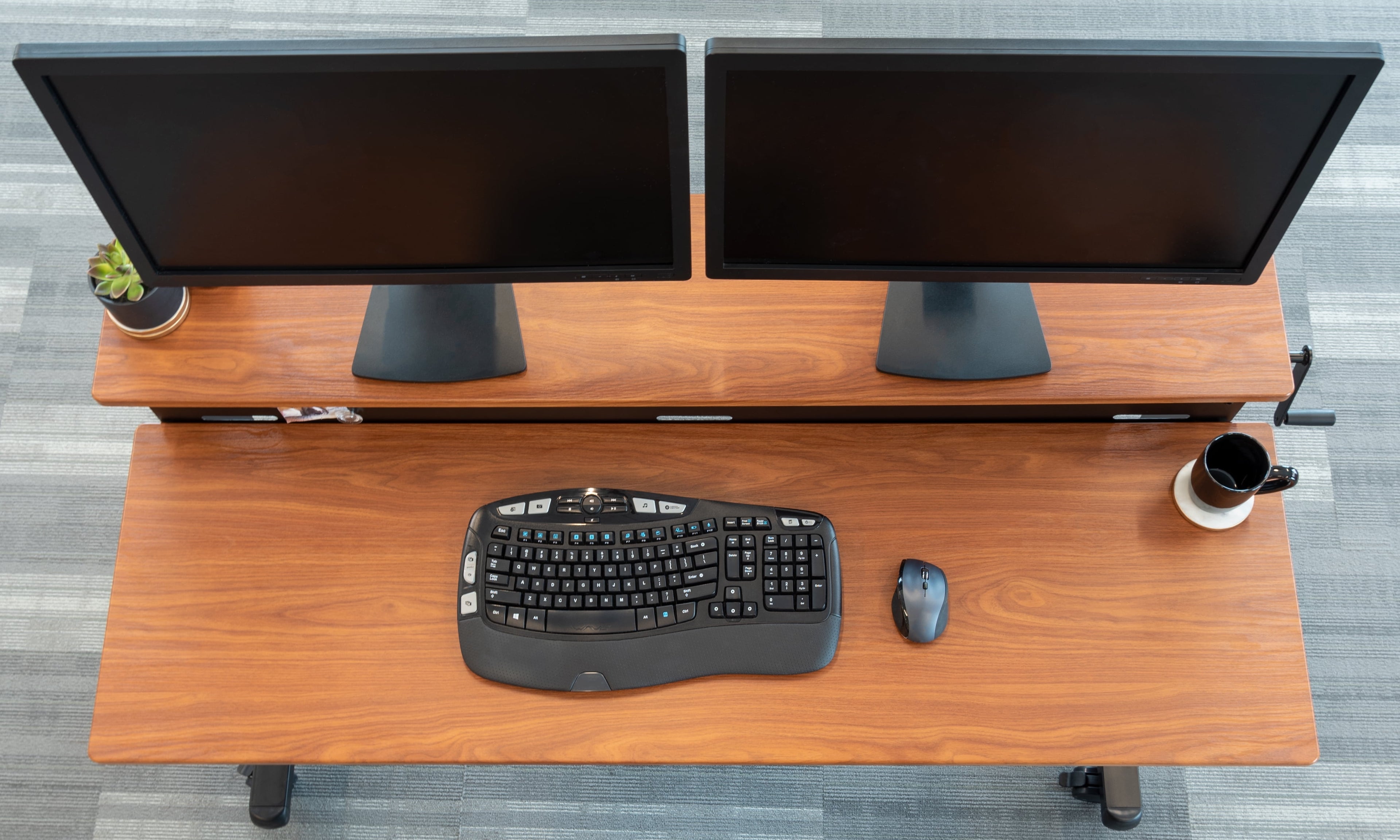 Stand Up Desk Store Crank Adjustable Two Tier Standing Desk with Heavy Duty Steel Frame (Black Frame/Teak Top, 60" Wide)