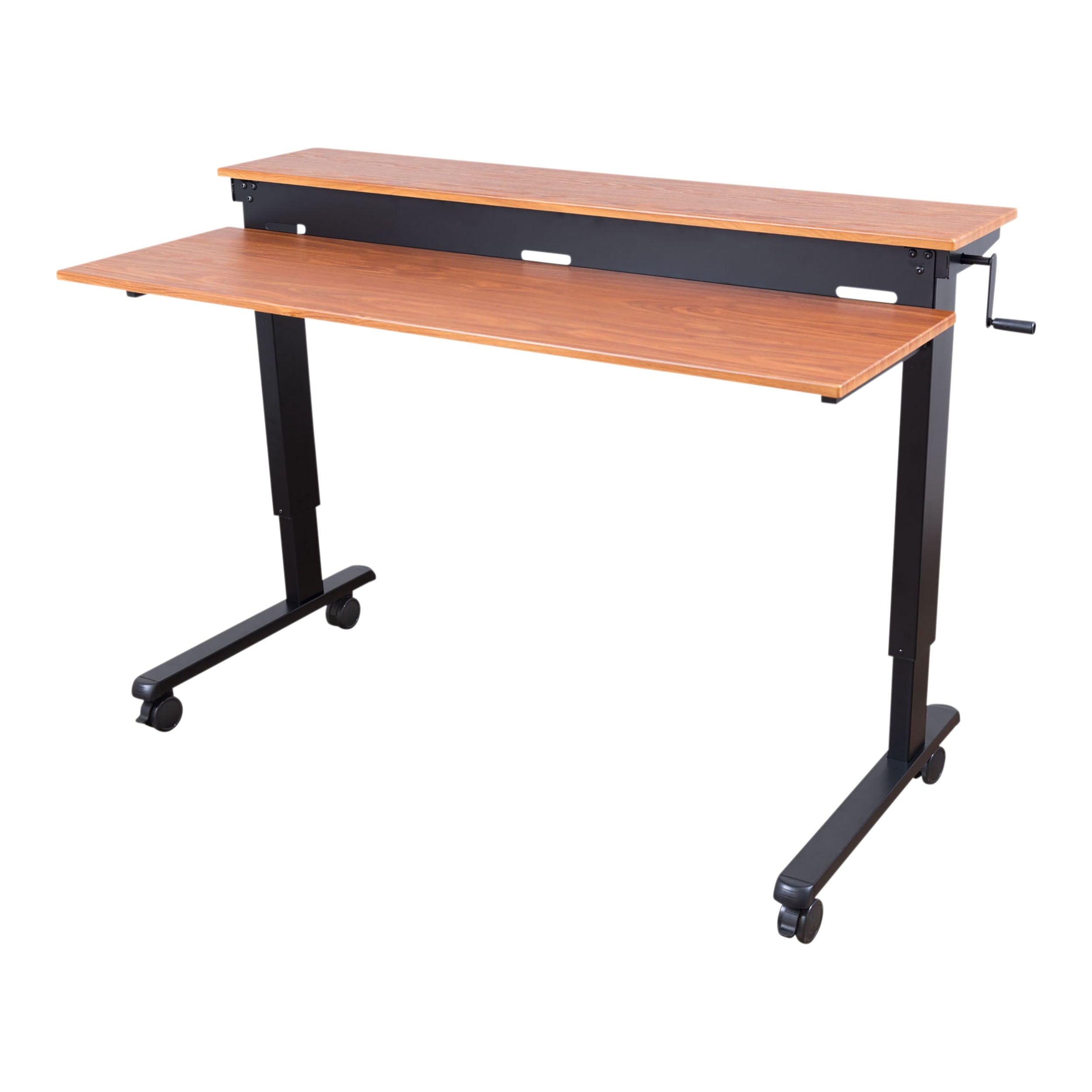 Stand Up Desk Store Crank Adjustable Two Tier Standing Desk with Heavy Duty Steel Frame (Black Frame/Teak Top, 60" Wide)