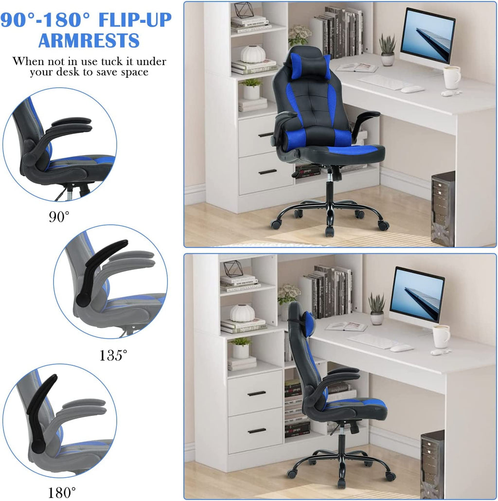 Blue Gaming Chair,  Gaming Chairs for Adults, Comfy Office Chair Ergonomic Desk Chair Computer Chair with Flip Up Arms, Swivel Reclining Gamer Chair, Height & Backrest Adjustable, 300 Lbs