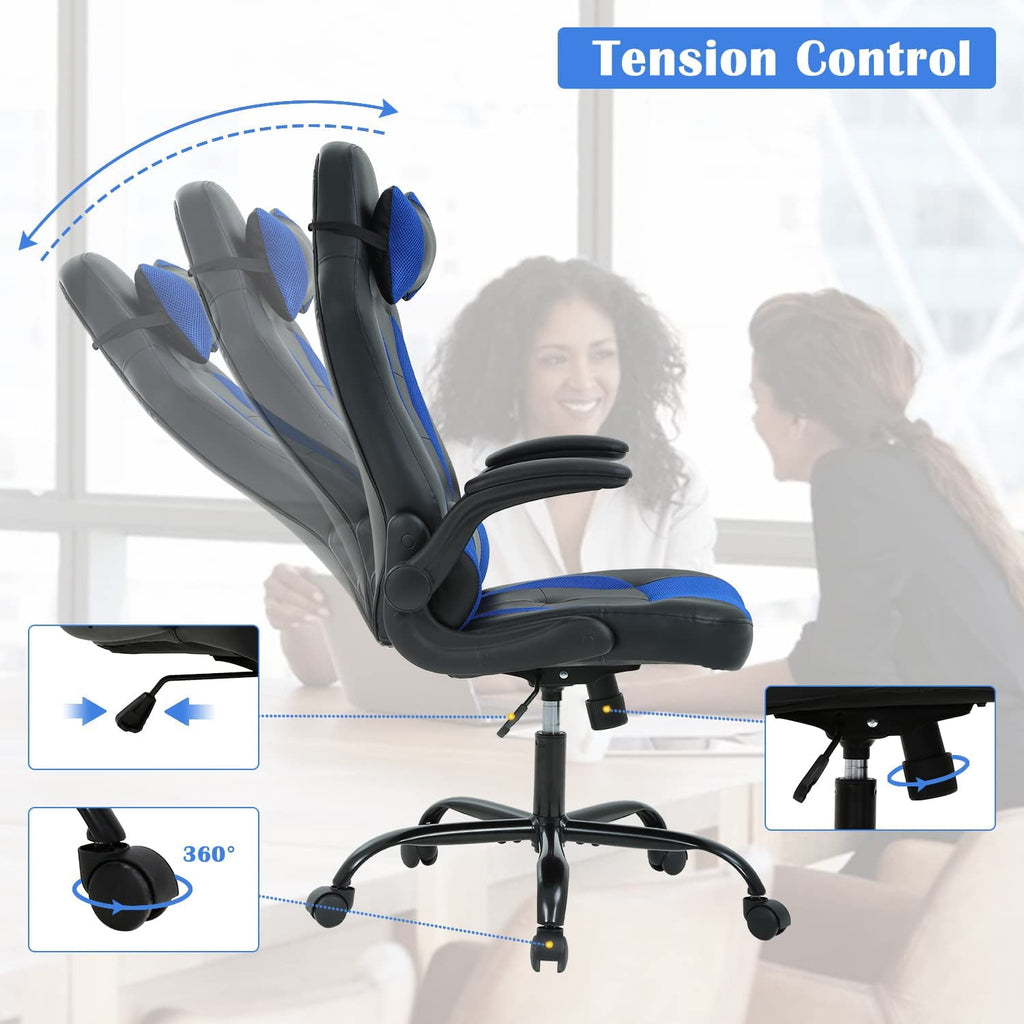 Blue Gaming Chair,  Gaming Chairs for Adults, Comfy Office Chair Ergonomic Desk Chair Computer Chair with Flip Up Arms, Swivel Reclining Gamer Chair, Height & Backrest Adjustable, 300 Lbs
