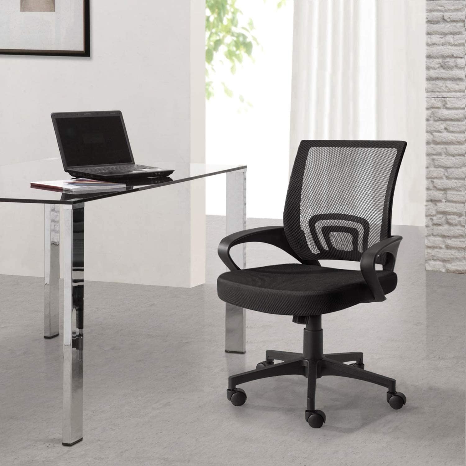 Lacoo Adjustable Mid Back Office Chair Mesh Swivel Desk Chair with Armrests, Black