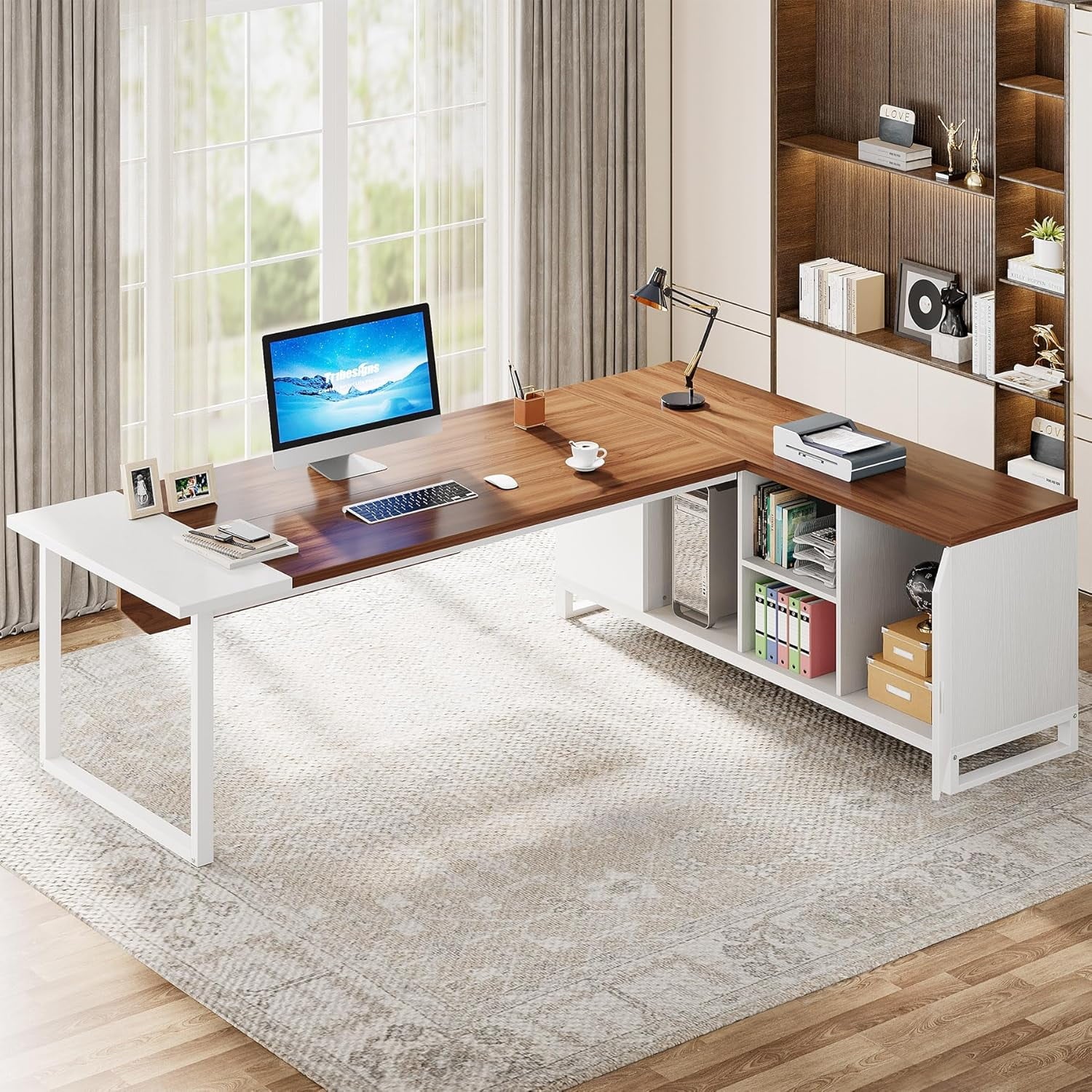 Tribesigns 70.8" L-Shaped Executive Desk with 55" File Cabinet, Modern L-Shaped Computer Desk with Storage Shelves and Cabinet for Home Office, Walnut White
