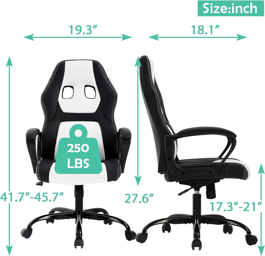 White Massage Gaming Chair for , Ergonomic Office Chair Computer Chair with Adjustable High Back & Armrest, Leather Gamer Chair with 360°Swivel, Heavy Duty Gaming Chairs for Adults, Teens