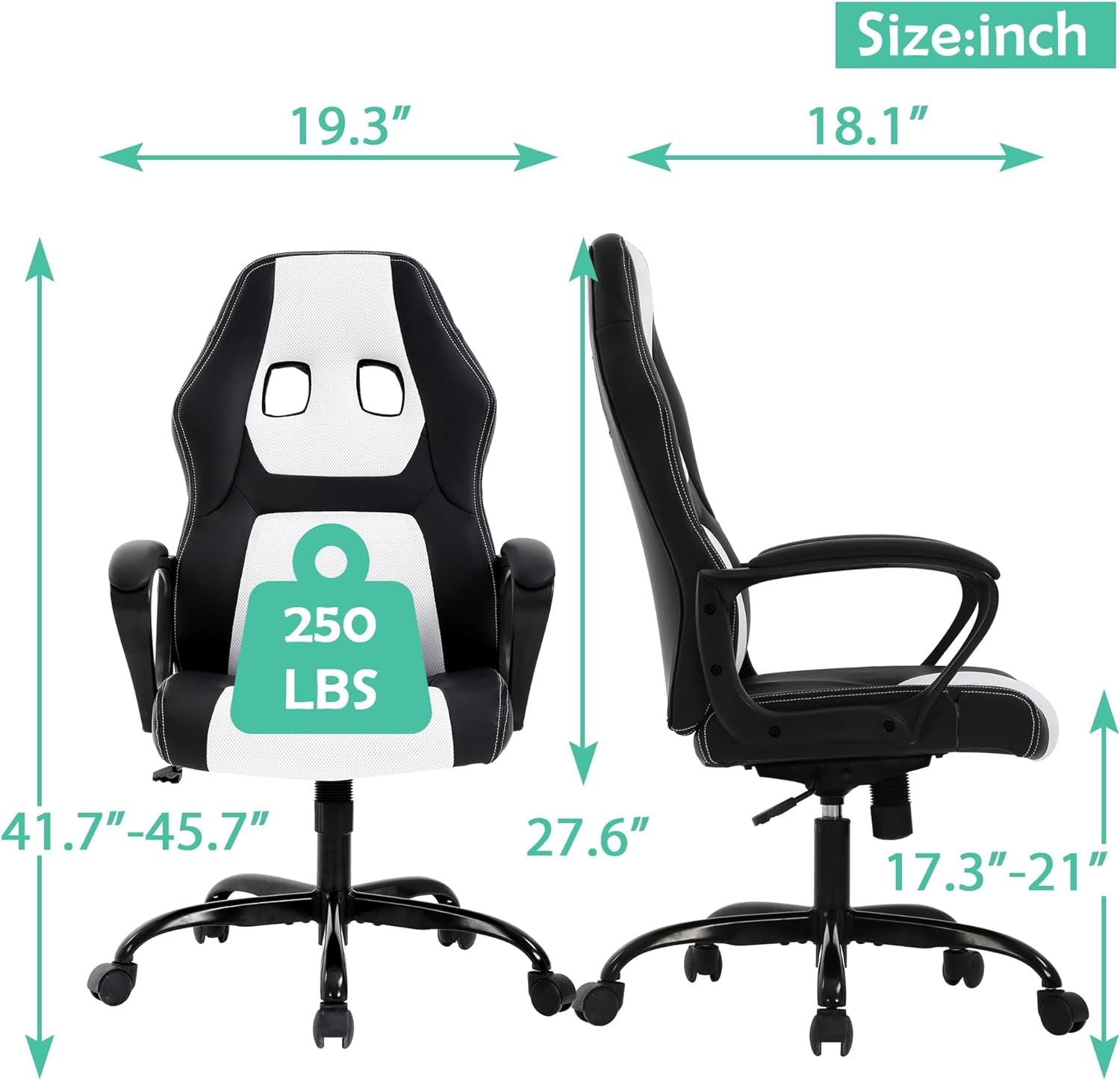 White Massage Gaming Chair for , Ergonomic Office Chair Computer Chair with Adjustable High Back & Armrest, Leather Gamer Chair with 360°Swivel, Heavy Duty Gaming Chairs for Adults, Teens