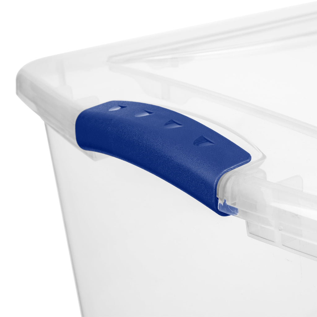 Sterilite Large Storage Bin, 66 Quart Clear Plastic Storage Container with Latch Lid, Blue