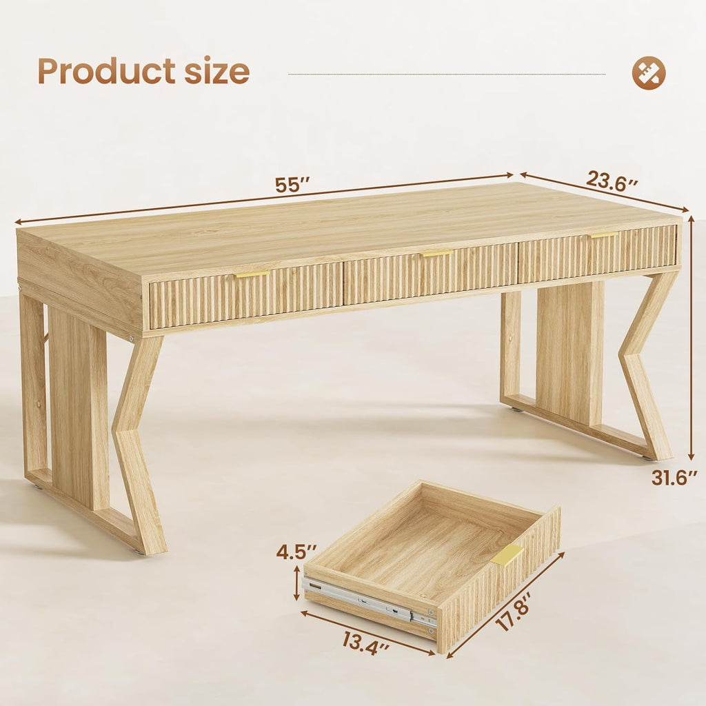 55" Modern Office Desk with 3 Drawers, Executive Computer Desk with Storage for Home Office, Large Workstation, Writing Desk Study Table Vanity Table for Bedroom, Sturdy and Durable, Natural Oak