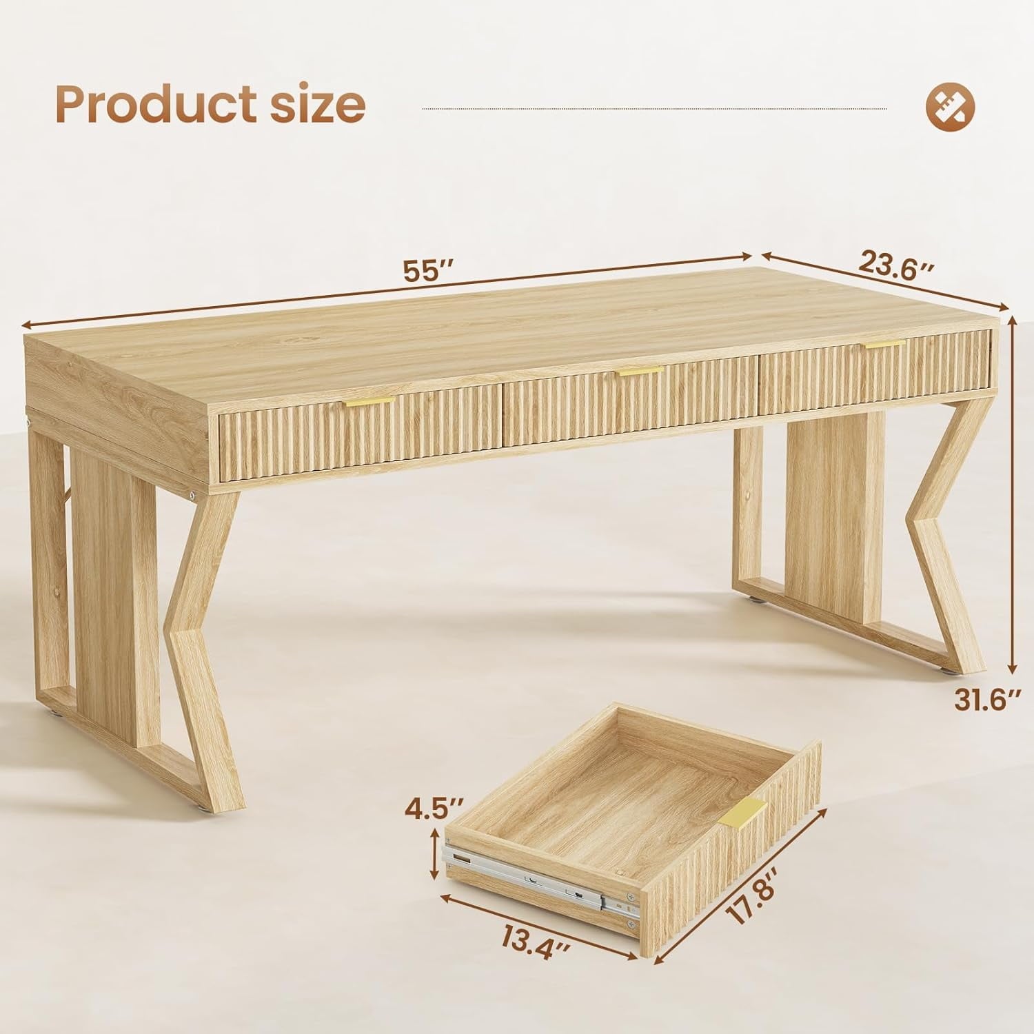 55" Modern Office Desk with 3 Drawers, Executive Computer Desk with Storage for Home Office, Large Workstation, Writing Desk Study Table Vanity Table for Bedroom, Sturdy and Durable, Natural Oak