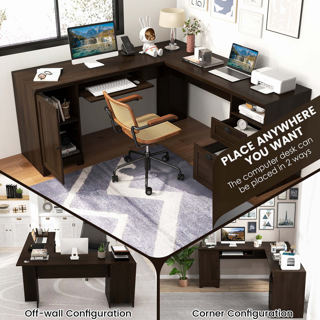 Costway L-Shaped Corner Computer Desk Writing Table Study Workstation w/ Drawers Coffee