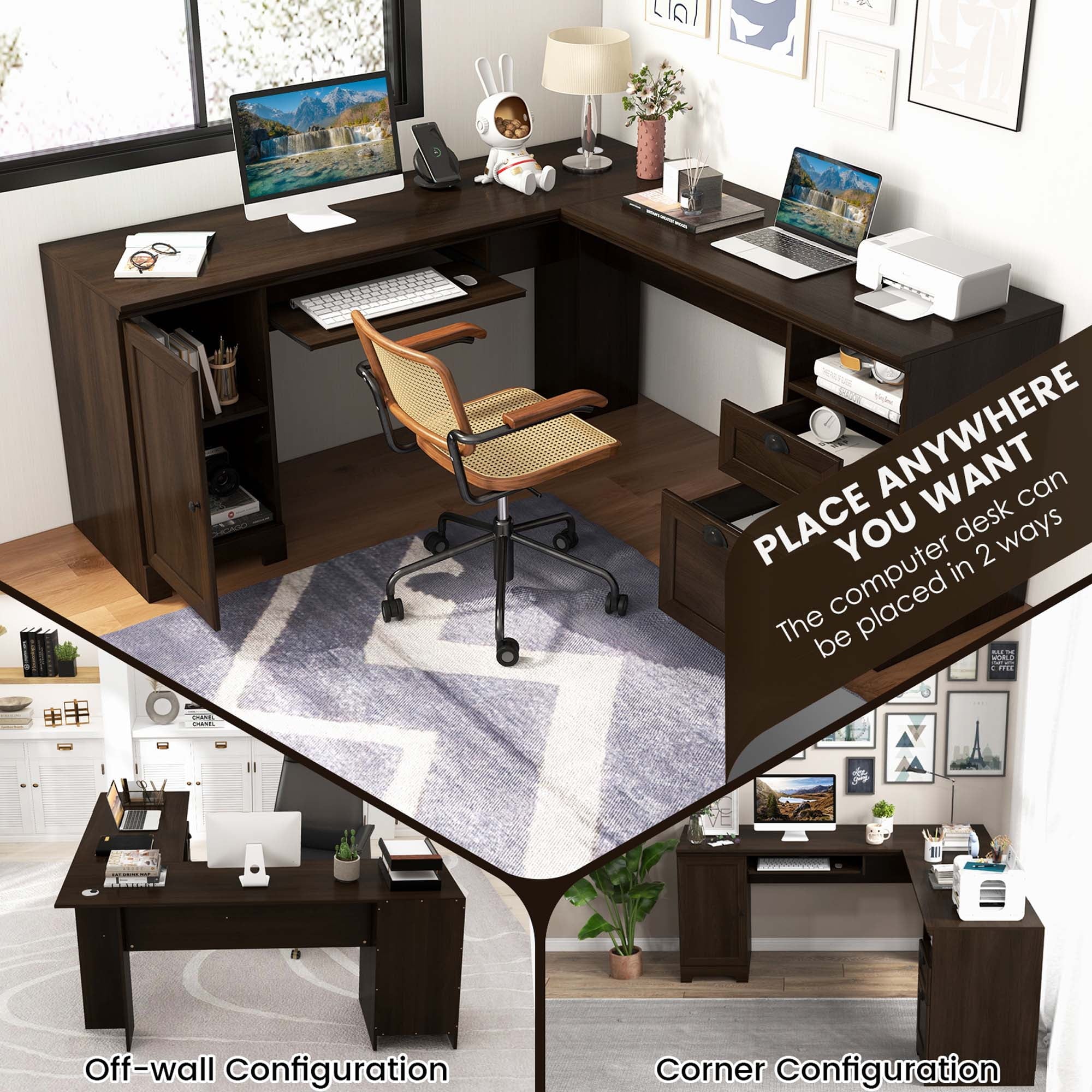 Costway L-Shaped Corner Computer Desk Writing Table Study Workstation w/ Drawers Coffee