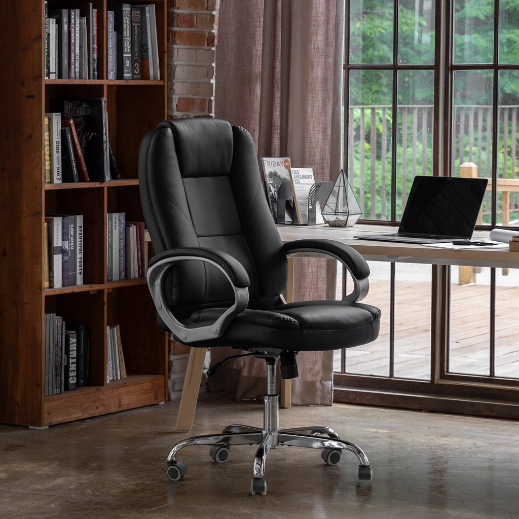NEO CHAIR Home Office Chair, Heavy Duty Leather Office Chair, Ergonomic High Back Cushion Lumbar Back Support, Computer Desk Executive Chair for Work, 8 Hours Comfort, Jet Black