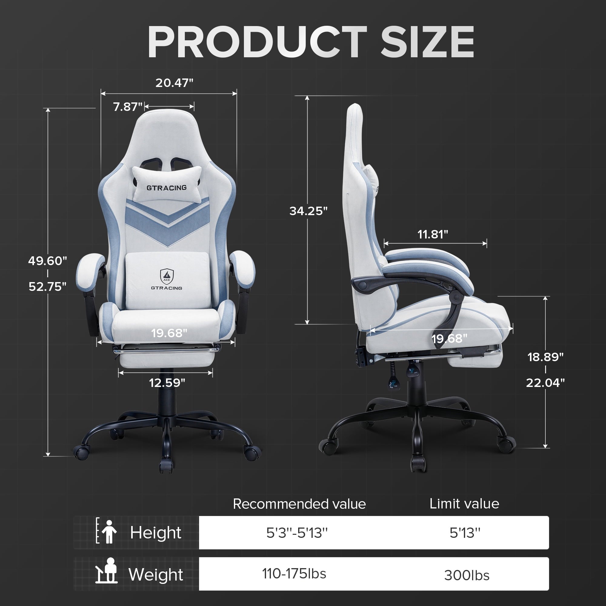 GTRACING GTW-300 Ergonomic Adjustable Height Reclining Fabric Gaming Chair , Gray/Blue