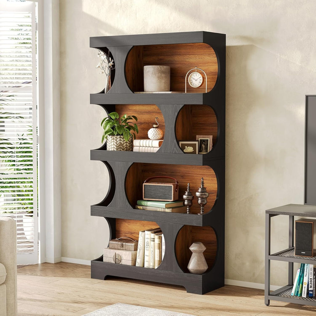 LITTLE TREE 4-Tier Large Bookshelf, 70.8-Inch Tall Bookcase with Storage Shelves, All Wooden Modern Display Rack, Black Open Book Shelf for Living Room, Bedroom, Office