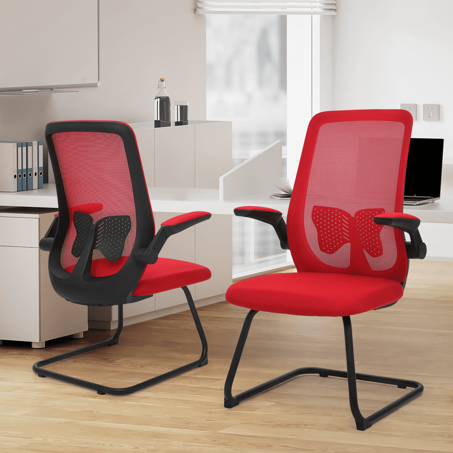 MoNiBloom Set of 2 Ergonomic Office Chair, Mesh Reception Seat with Lumbar Support & Flip-Up Arms for Waiting Room, Red