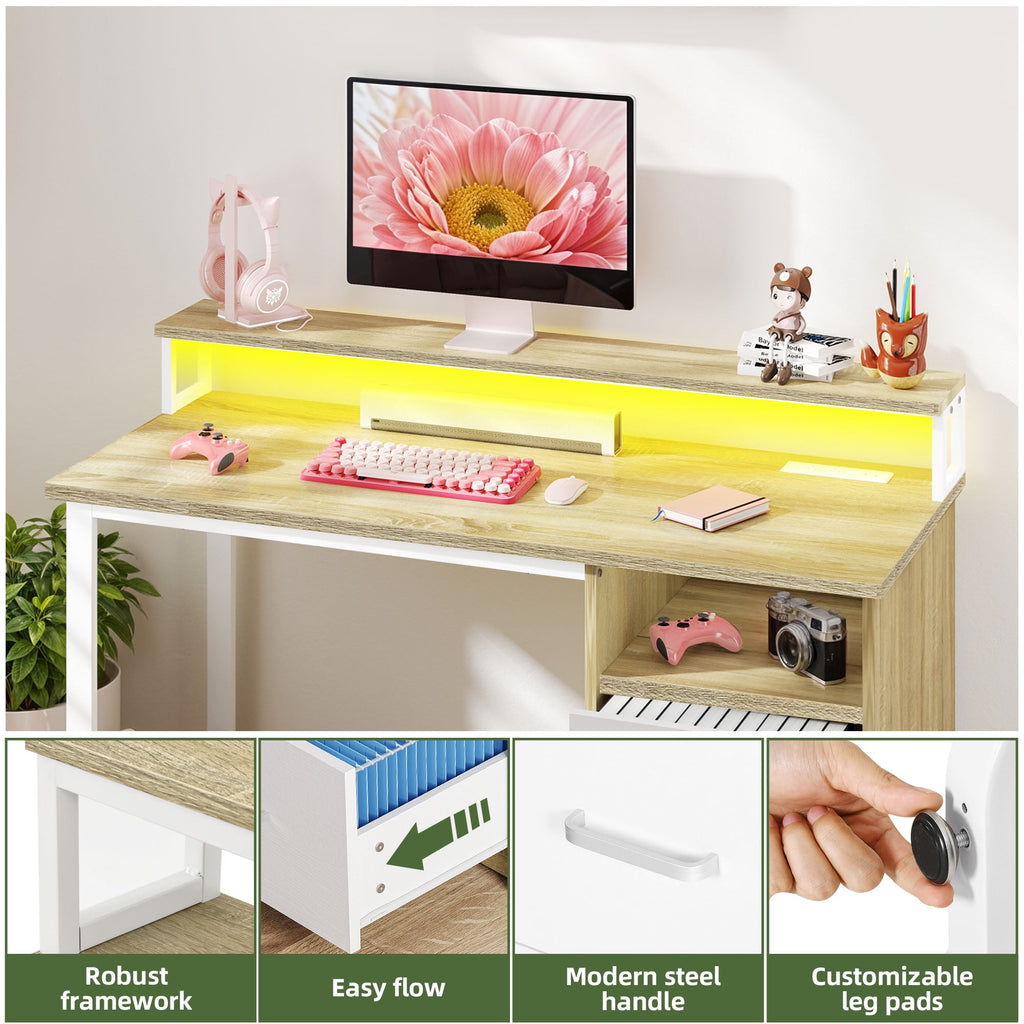Uforic 47" Computer Desk with Storage Drawers & LED Light, Office Desk with Power Outlets, for Small Spaces, Oak