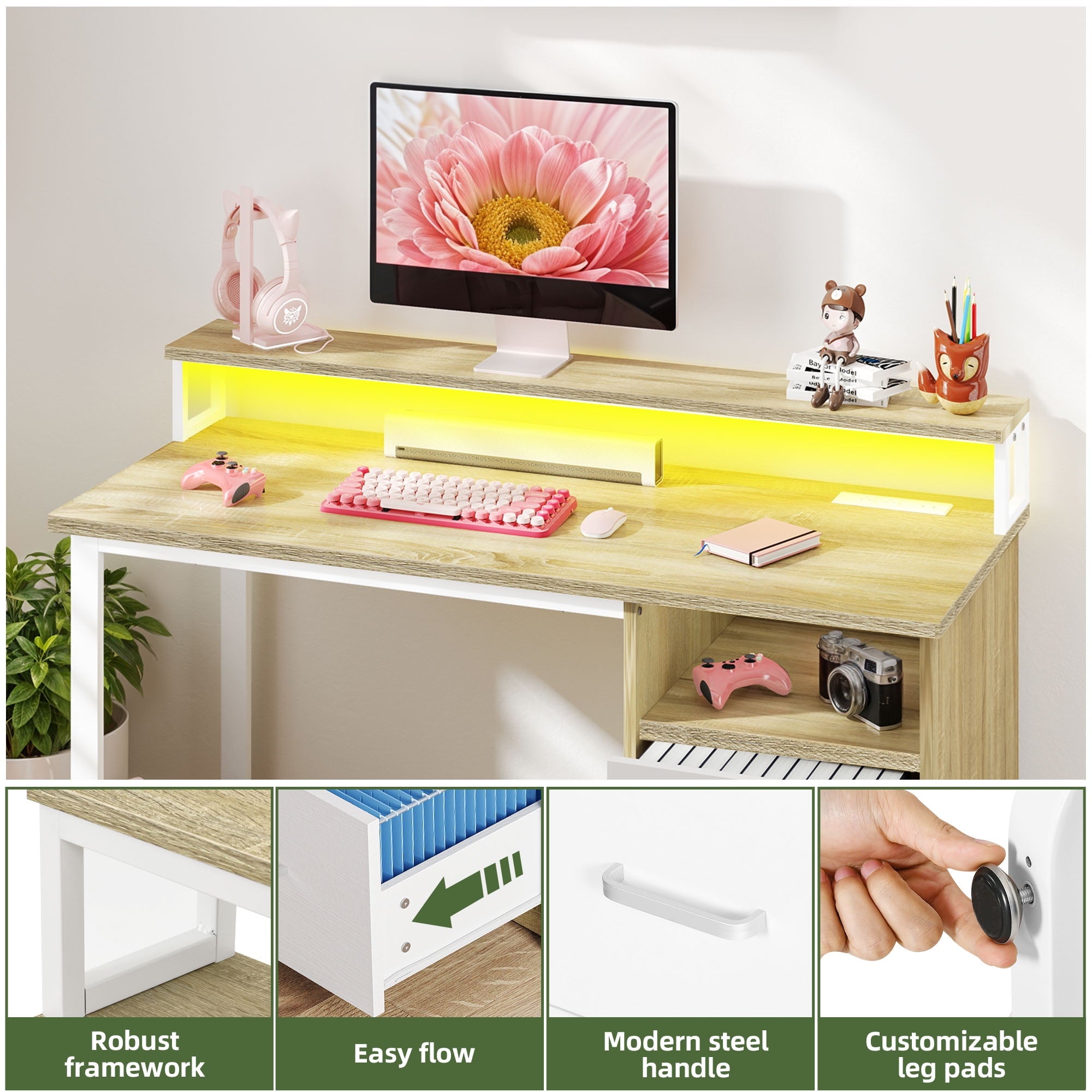 Uforic 47" Computer Desk with Storage Drawers & LED Light, Office Desk with Power Outlets, for Small Spaces, Oak