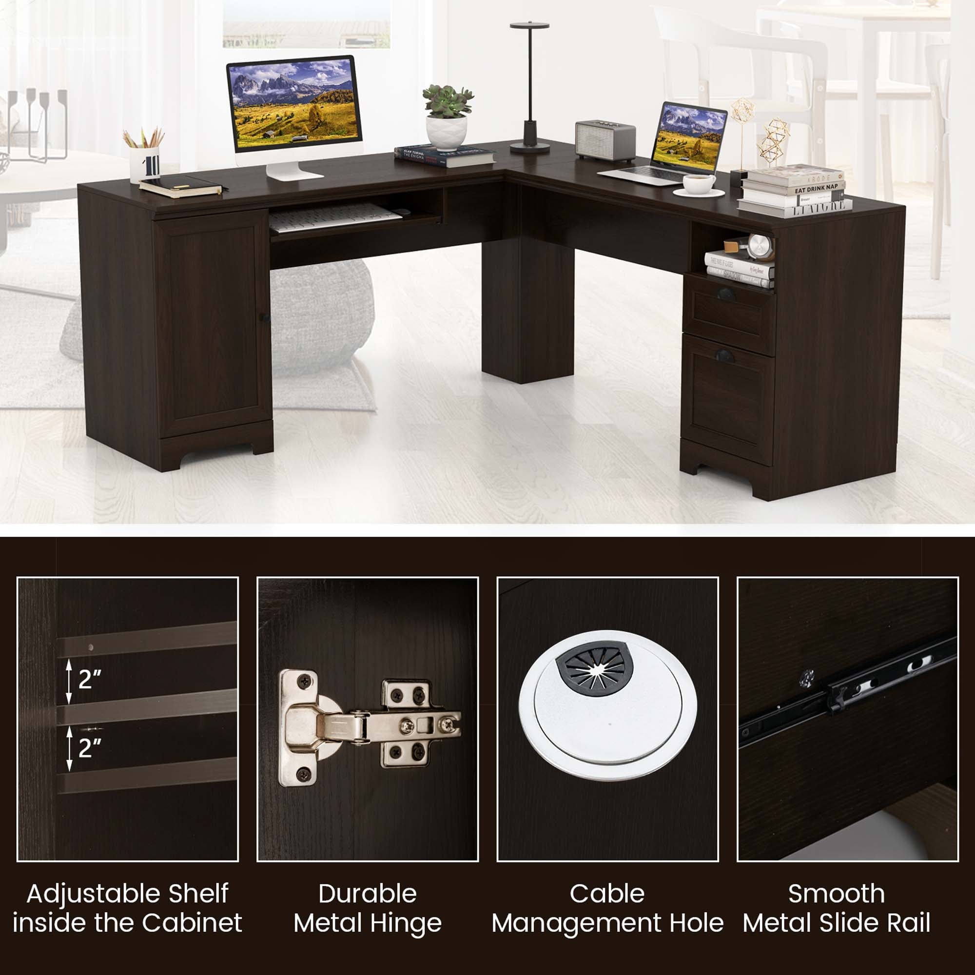 Costway L-Shaped Corner Computer Desk Writing Table Study Workstation w/ Drawers Coffee