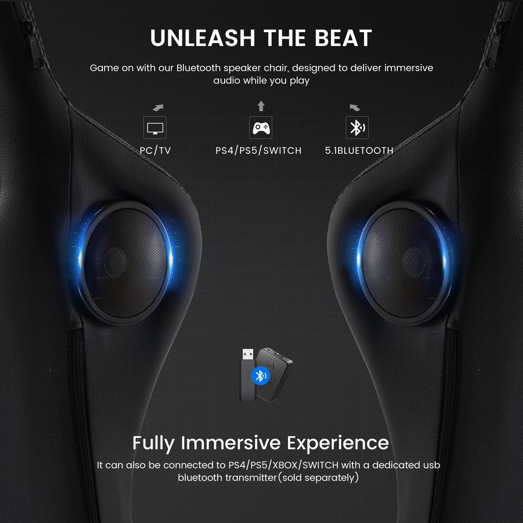 GTRACING GTW-100 Reclining Gaming Chair with Bluetooth, Adjustable Pillows and Footrest, Black