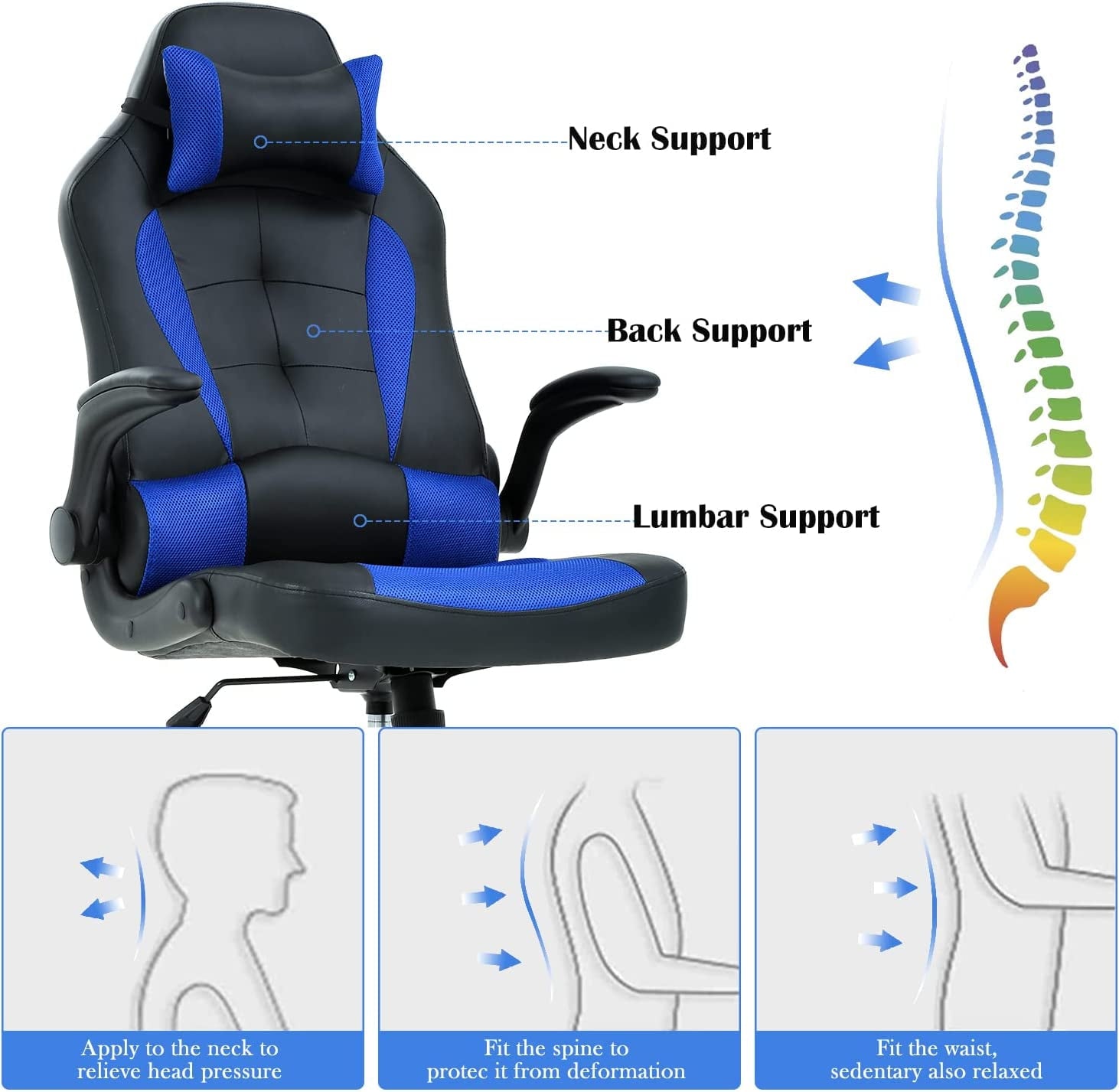 Blue Gaming Chair,  Gaming Chairs for Adults, Comfy Office Chair Ergonomic Desk Chair Computer Chair with Flip Up Arms, Swivel Reclining Gamer Chair, Height & Backrest Adjustable, 300 Lbs
