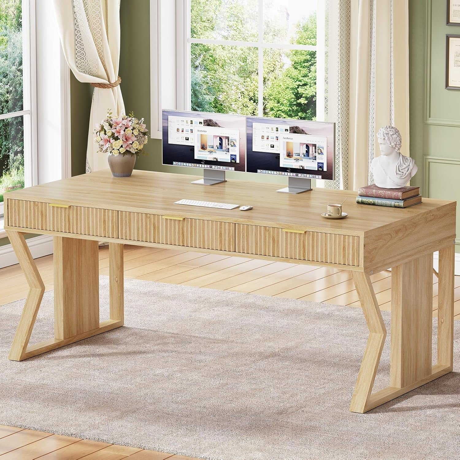 55" Modern Office Desk with 3 Drawers, Executive Computer Desk with Storage for Home Office, Large Workstation, Writing Desk Study Table Vanity Table for Bedroom, Sturdy and Durable, Natural Oak