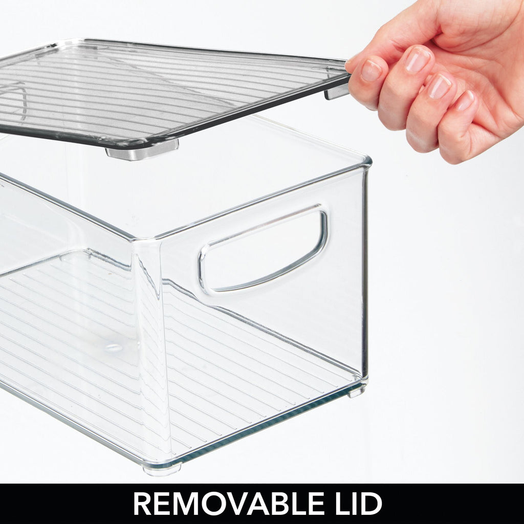 mDesign Plastic Office Storage Bin Box with Lid and Handles, 2 Pack, Clear/Gray