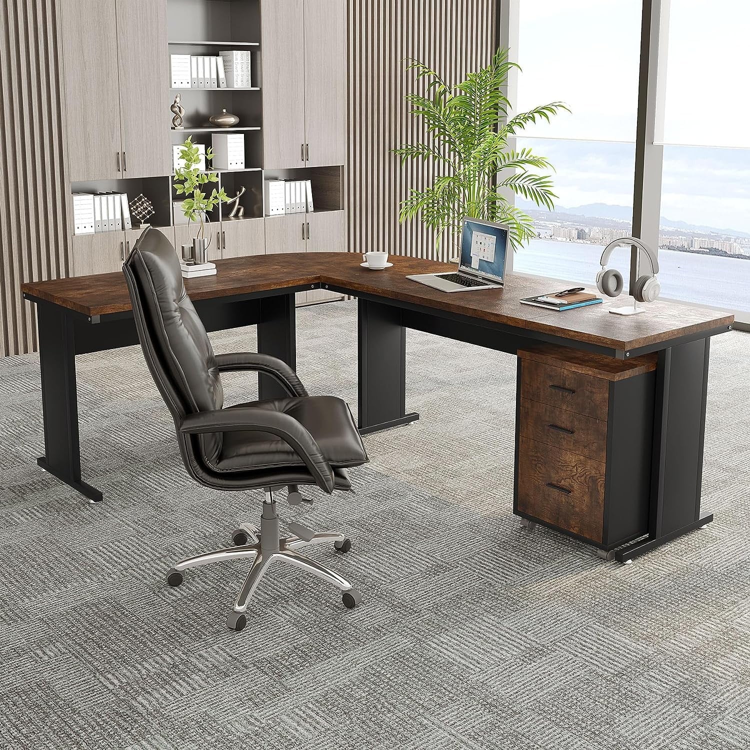Tribesigns 83" L-Shaped Executive Desk, Large Office Desk with 3-Drawer Mobile File Cabinet, Industrial Corner Computer Desk with Storage Drawers for Home Office, Rustic Brown