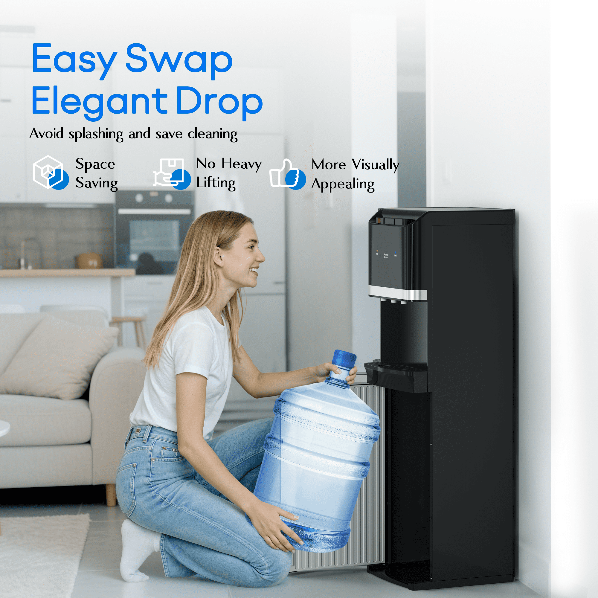 UrbanSync Bottom Loading Water Cooler Dispenser for 5 Gallon Bottle, Stainless Steel, 3 Temperature Settings - Hot, Cold & Room Water with Child Lock, Water Shortage Alert, Raven Black