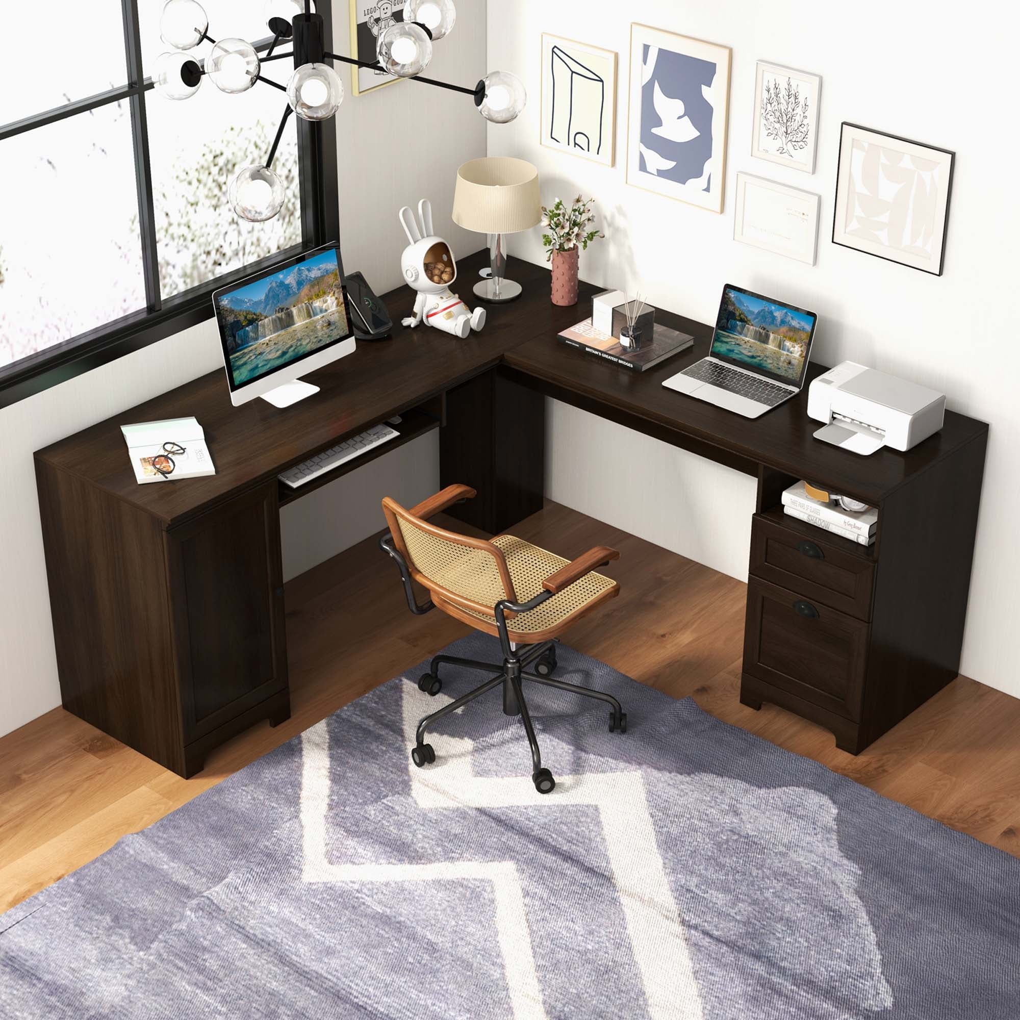 Costway L-Shaped Corner Computer Desk Writing Table Study Workstation w/ Drawers Coffee