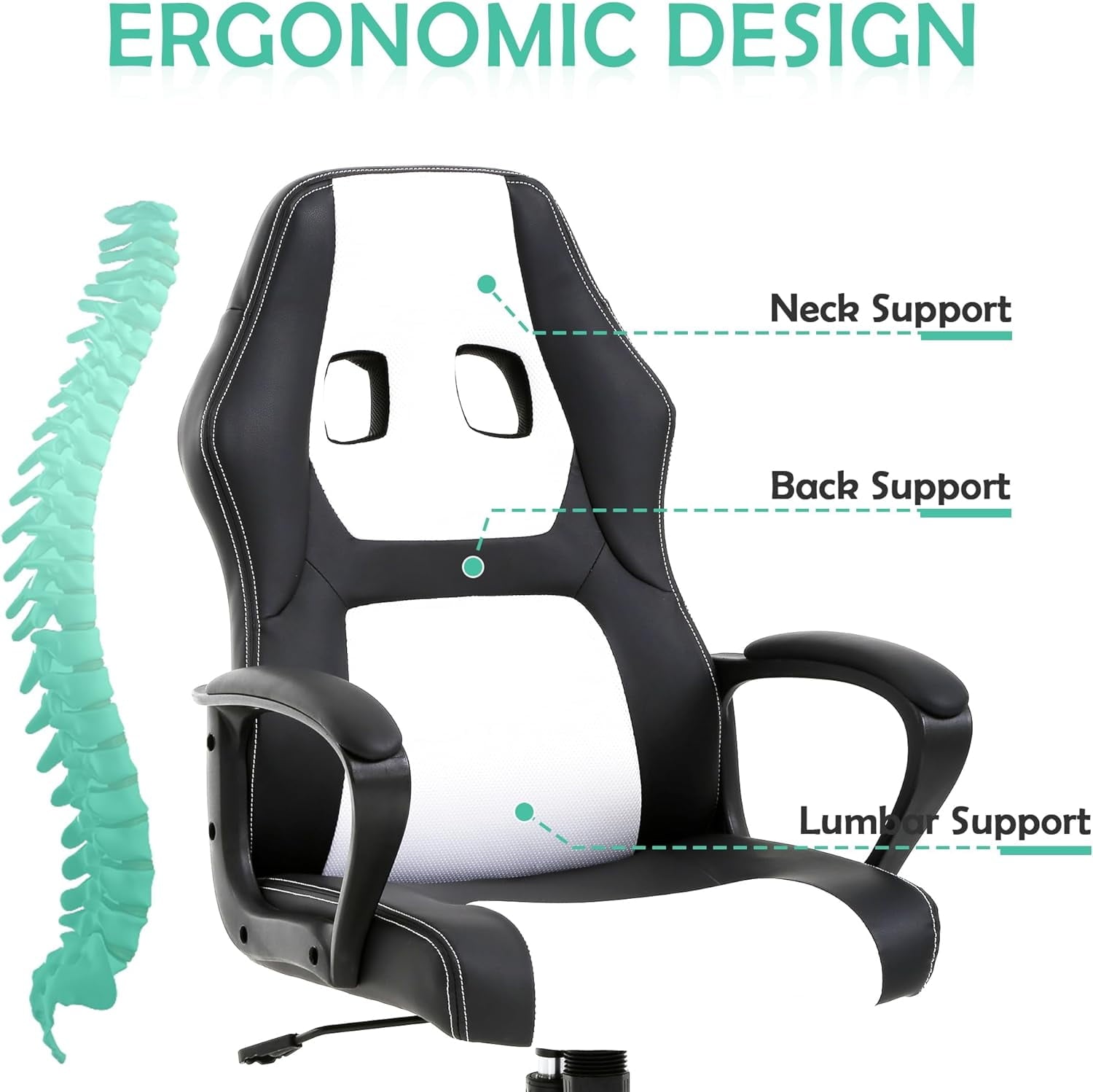 White Massage Gaming Chair for , Ergonomic Office Chair Computer Chair with Adjustable High Back & Armrest, Leather Gamer Chair with 360°Swivel, Heavy Duty Gaming Chairs for Adults, Teens
