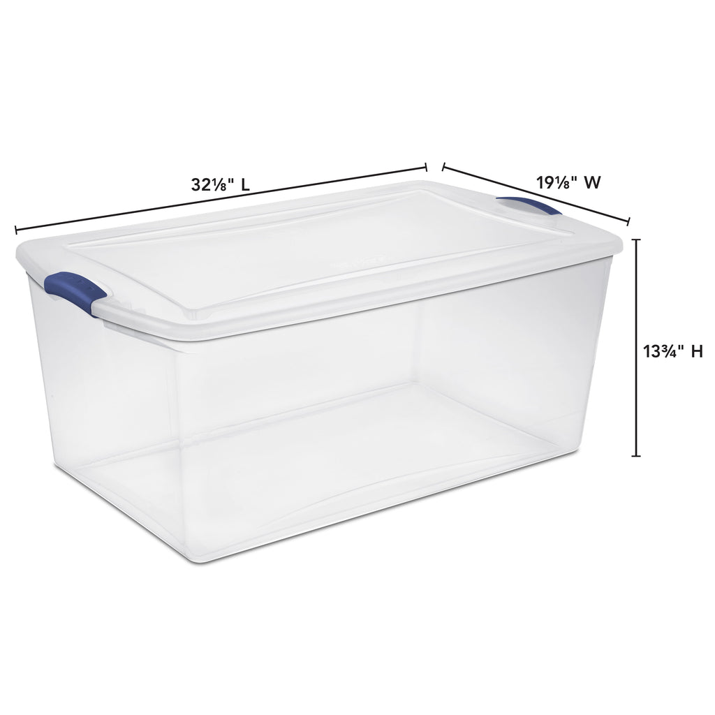 Sterilite 105 Quart Latch Box, Clear Plastic Storage Bin with Clear Lid, Blue Latch