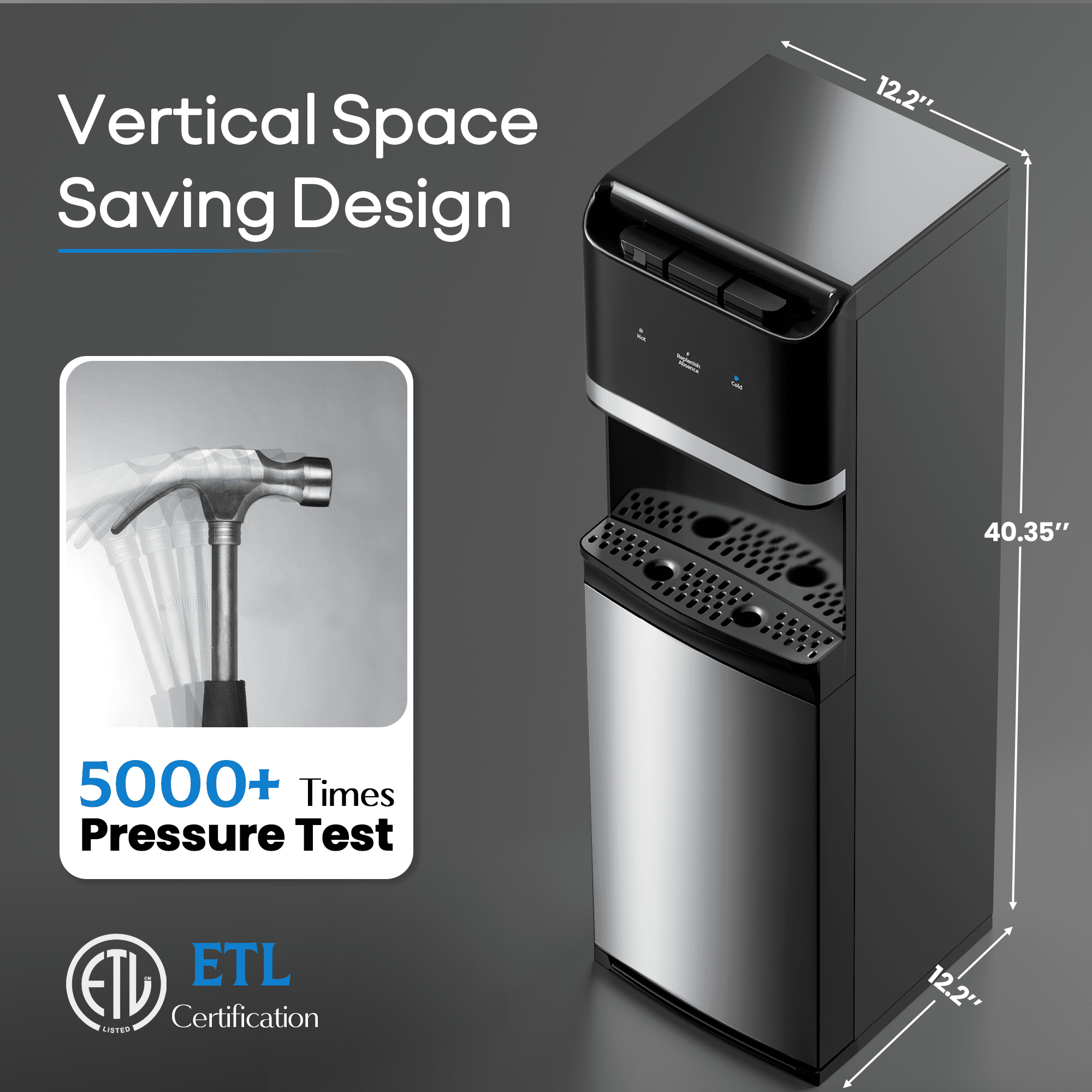 UrbanSync Bottom Loading Water Cooler Dispenser for 5 Gallon Bottle, Stainless Steel, 3 Temperature Settings - Hot, Cold & Room Water with Child Lock, Water Shortage Alert, Raven Black