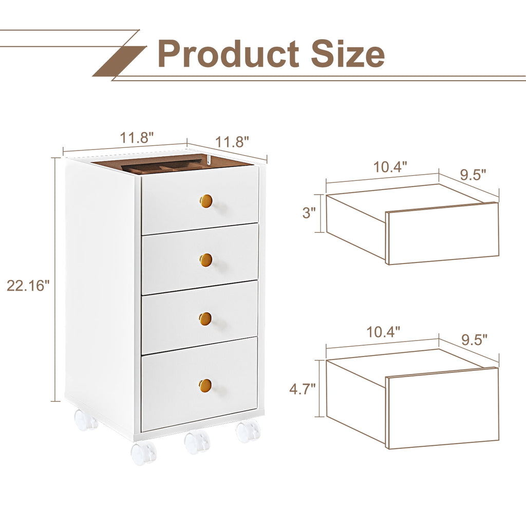 Cyehnenx Under Desk Storage, Chest of 4 Drawers Under the Desk, Home Office Storage Cabinet with Glass Top, Small Mobile Printer Stand with Lockable Wheels for Home Office Study, White