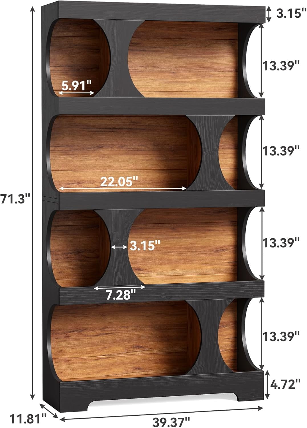 LITTLE TREE 4-Tier Large Bookshelf, 70.8-Inch Tall Bookcase with Storage Shelves, All Wooden Modern Display Rack, Black Open Book Shelf for Living Room, Bedroom, Office