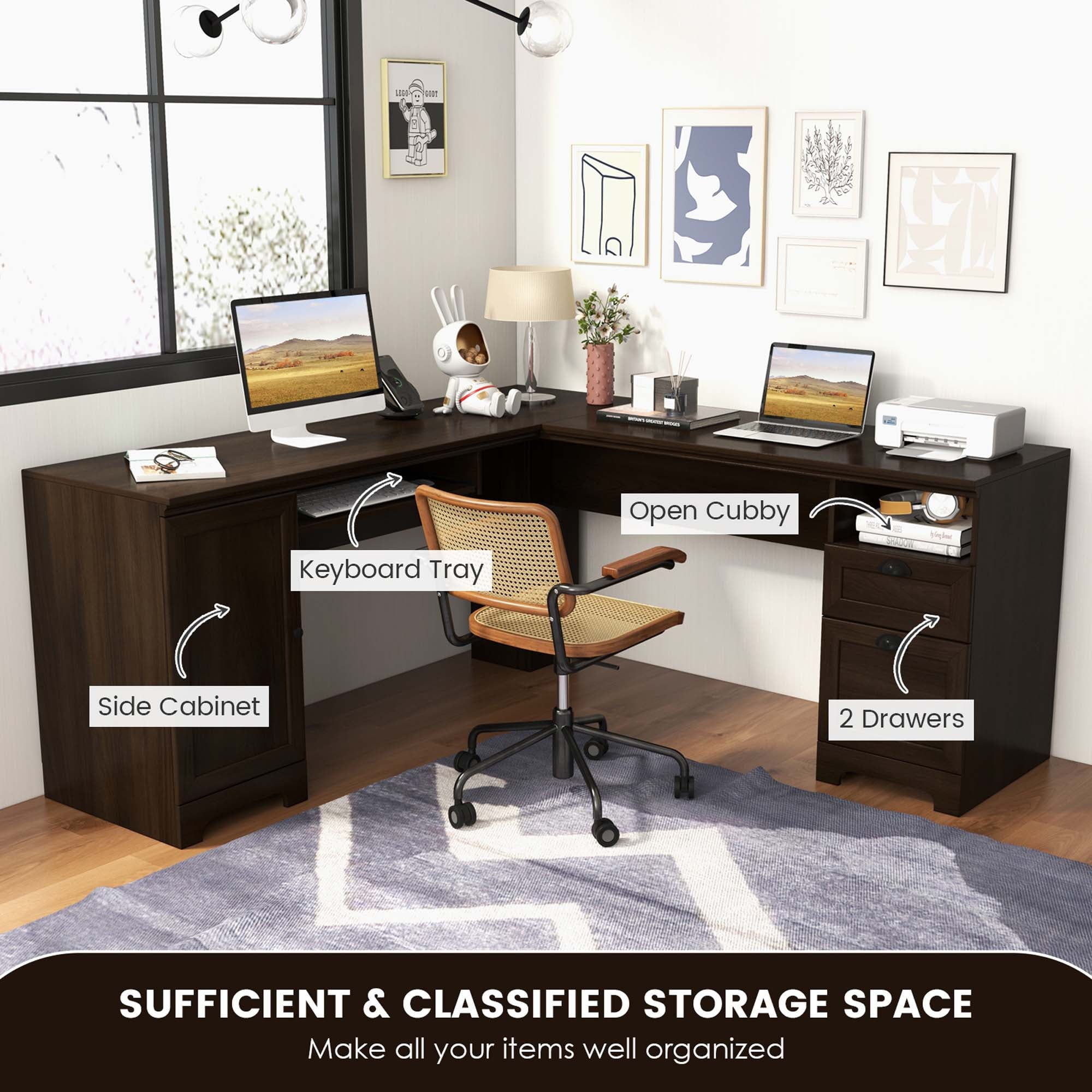 Costway L-Shaped Corner Computer Desk Writing Table Study Workstation w/ Drawers Coffee