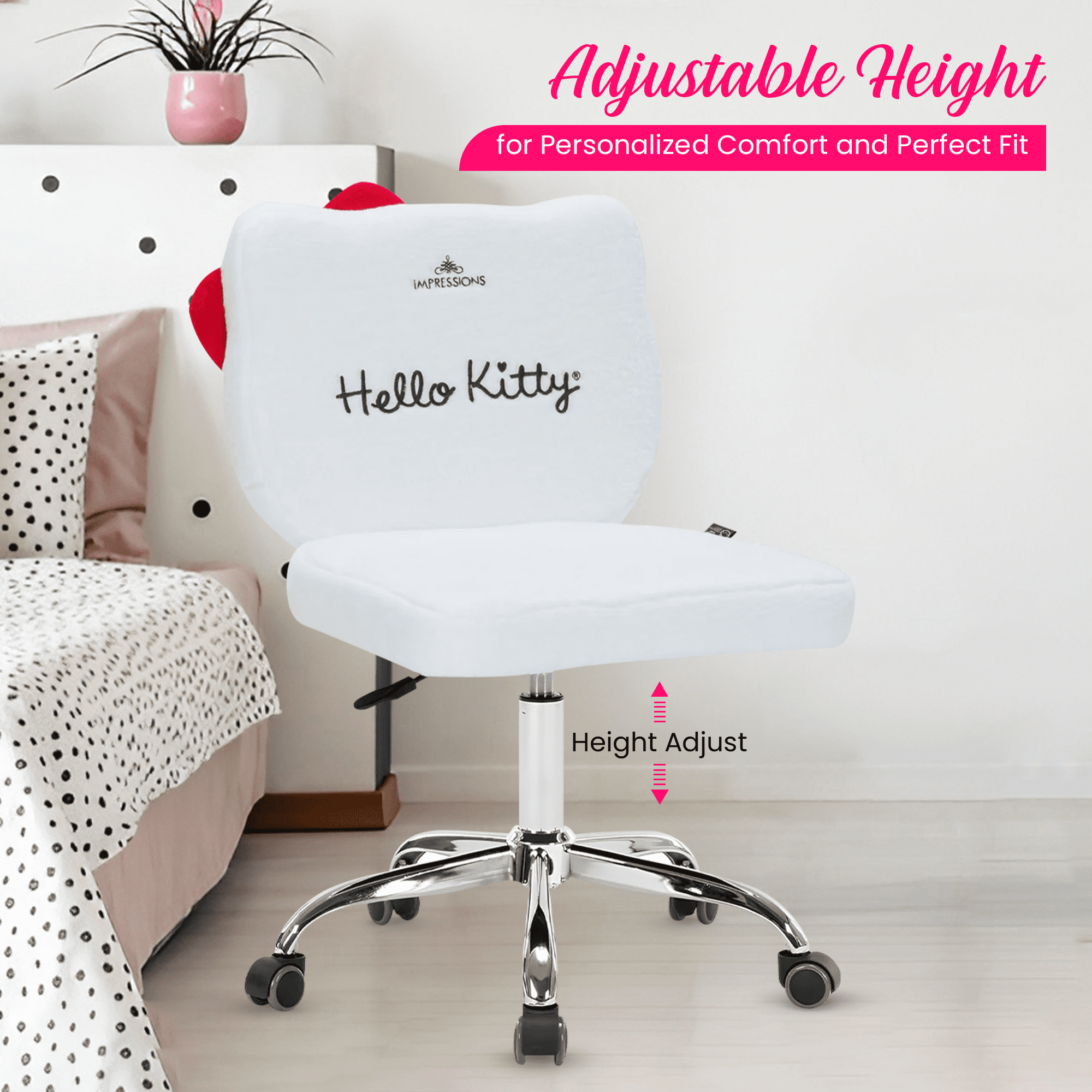 Impressions Vanity Hello Kitty Teddy Swivel Vanity Chair, Desk Chair with Adjustable Height (White)