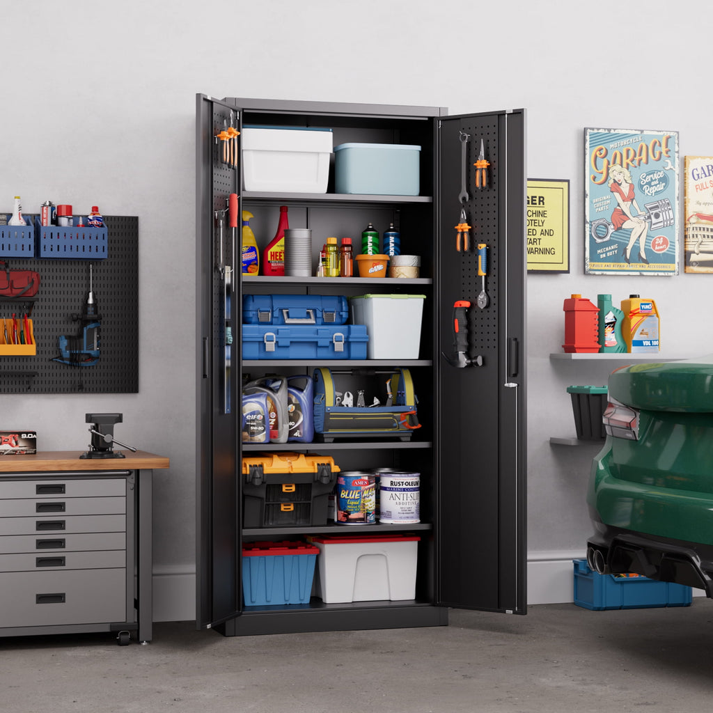 GangMei 71 Inches Tall Metal Garage Storage Cabinets with 5 Adjustable Shelves & Pegboards, Lockable Steel Black Storage Cabinet with Doors for Office, Home, School, Shops, Garage, Assembly required