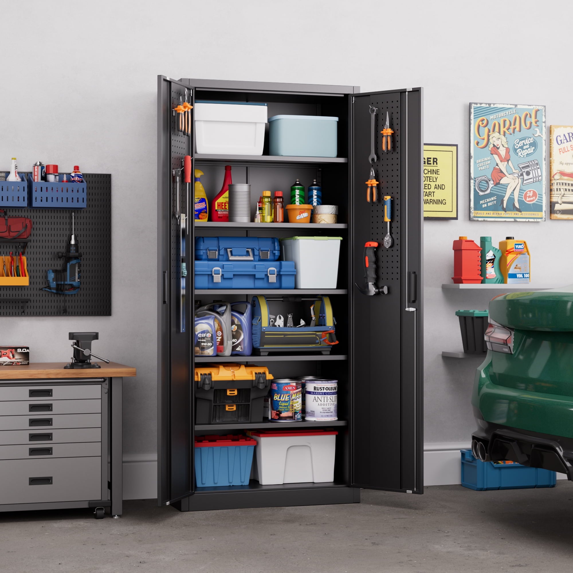 GangMei 71 Inches Tall Metal Garage Storage Cabinets with 5 Adjustable Shelves & Pegboards, Lockable Steel Black Storage Cabinet with Doors for Office, Home, School, Shops, Garage, Assembly required